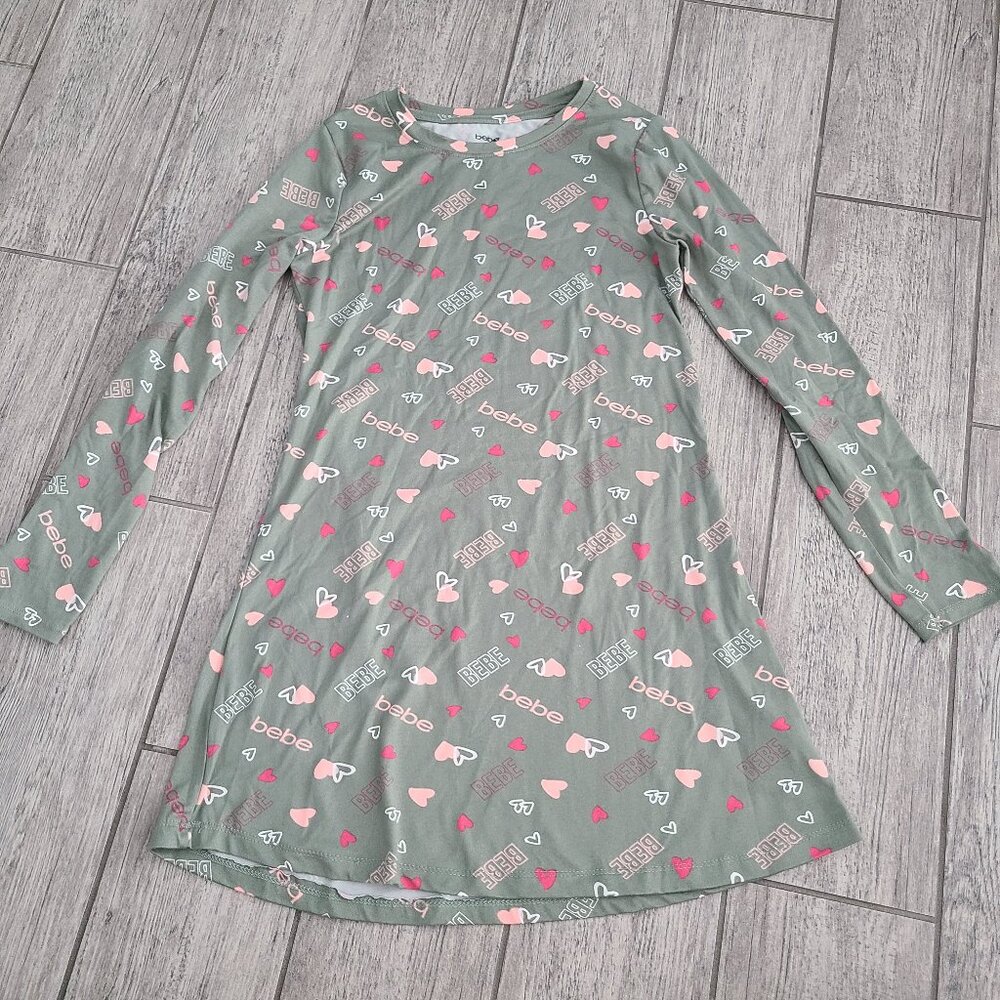 bebe Girls Olive Green Heart Logo Long Sleeve Dress Size M (10/12)